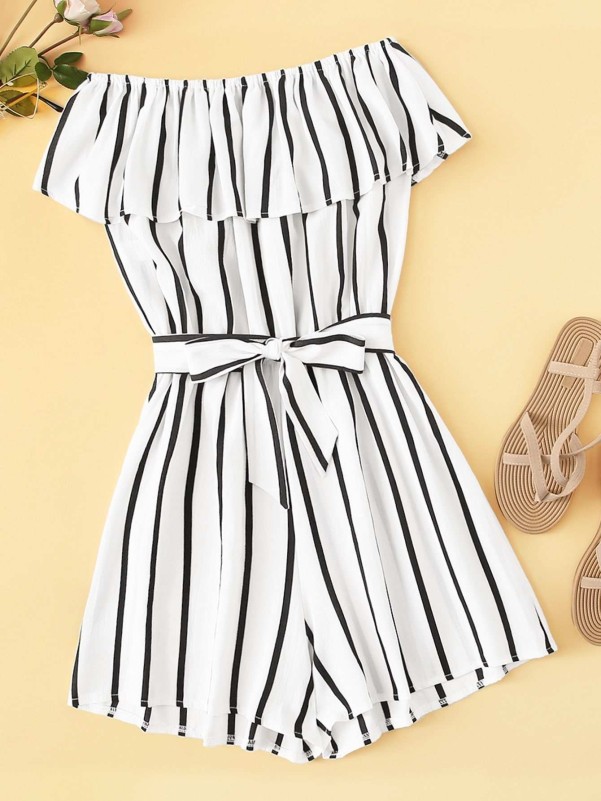 Striped Off The Shoulder Ruffle Trim Belted Playsuit