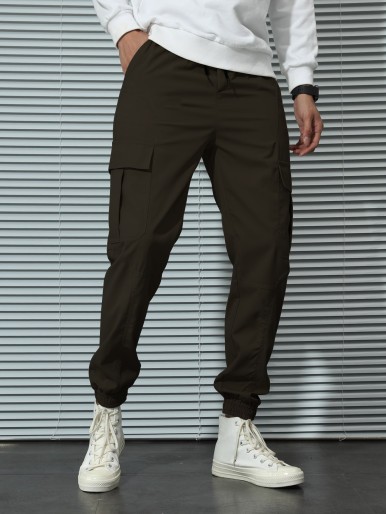 Men Drawstring Detail Flap Pockets Cargo Pants