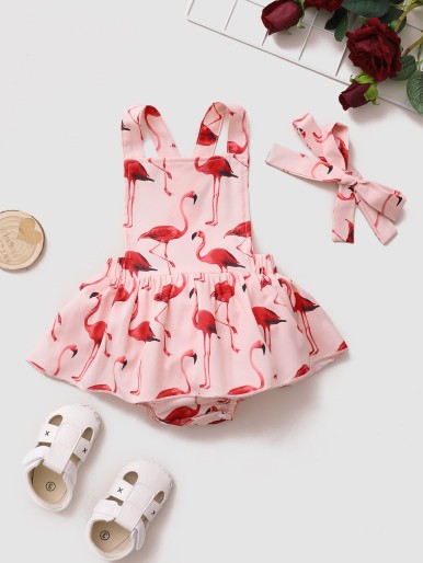 Baby Girl Flamingo Print Ruffle Hem Bodysuit With Headband