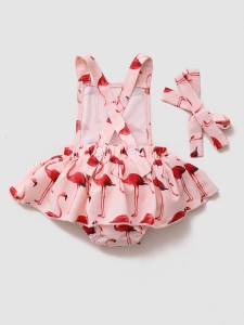 Baby Girl Flamingo Print Ruffle Hem Bodysuit With Headband