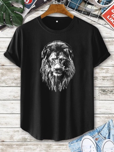 Men Lion Print Short Sleeve Tee