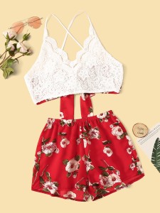 Floral Print Lace Panel Tie Back Top With Shorts