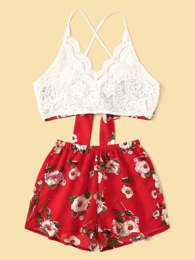 Floral Print Lace Panel Tie Back Top With Shorts