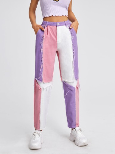 Straight pants with colorblock patches