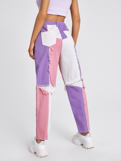 Straight pants with colorblock patches