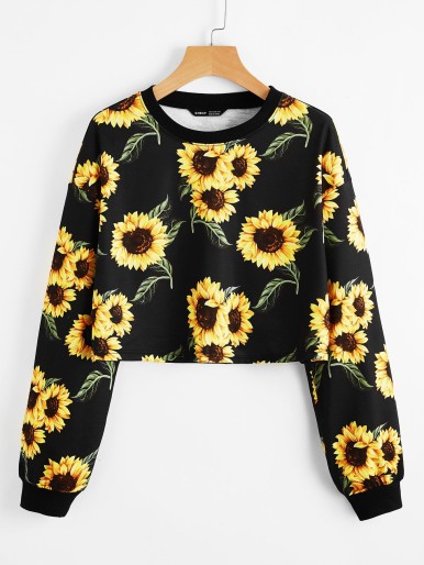 Drop Shoulder Sunflower Print Crop Pullover Sweatshirt