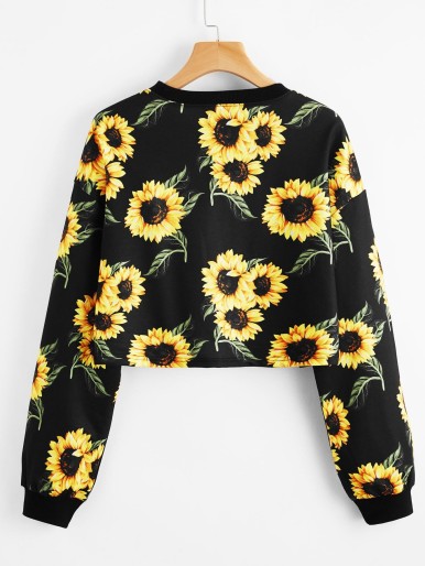 Drop Shoulder Sunflower Print Crop Pullover Sweatshirt