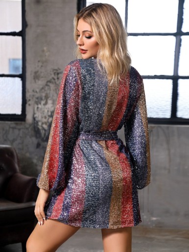 DKRX Striped Color-block Belted Wrap Sequin Dress