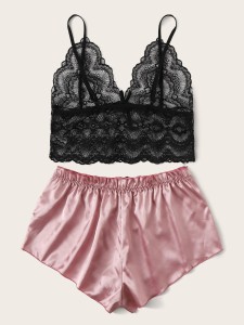 Plus Floral Lace Cami Top With Satin Shorts