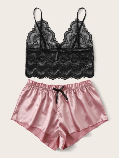 Plus Floral Lace Cami Top With Satin Shorts