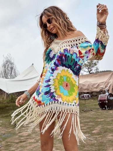 Floral Print Crochet Trim Fringe Hem Cover Up