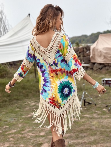 Floral Print Crochet Trim Fringe Hem Cover Up