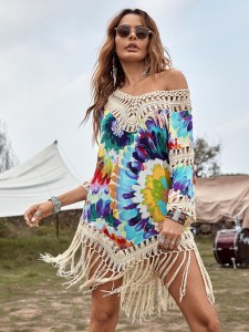 Floral Print Crochet Trim Fringe Hem Cover Up