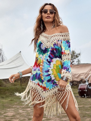 Floral Print Crochet Trim Fringe Hem Cover Up