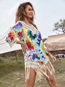 Floral Print Crochet Trim Fringe Hem Cover Up