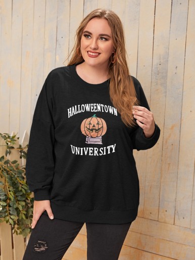 Plus Halloween & Letter Graphic Drop Shoulder Sweatshirt