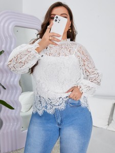 Plus Stand Neck Flounce Sleeve Lace Top