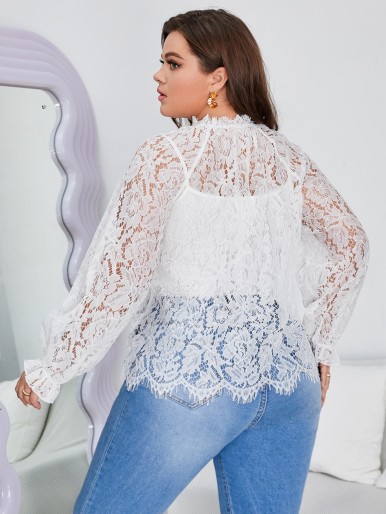 Plus Stand Neck Flounce Sleeve Lace Top