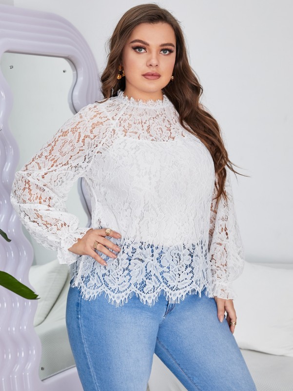 Plus Stand Neck Flounce Sleeve Lace Top