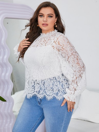 Plus Stand Neck Flounce Sleeve Lace Top