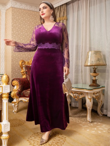 Plus Contrast Lace Velvet Maxi Dress