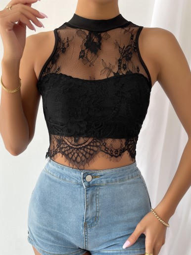 Mock Neck Lace Floral Embroidery Crop Top
