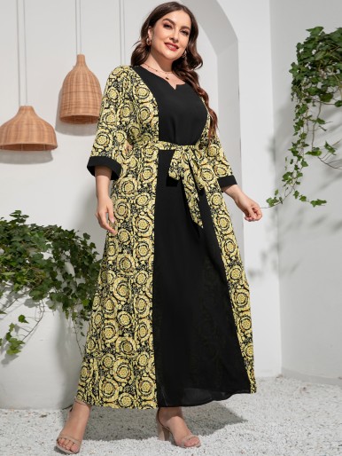 SHEIN Mulvari Plus Floral Print Notched Neckline Belted Dress