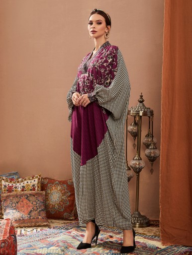 SHEIN Najma V-neck Baroque and Geo Print Colorblock Kaftan Dress
