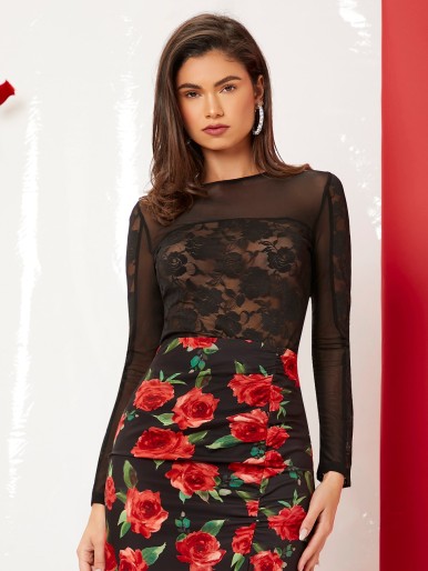 SHEIN Sheer Floral Lace Top