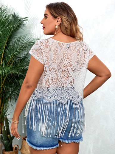 Fringed hem top with lace