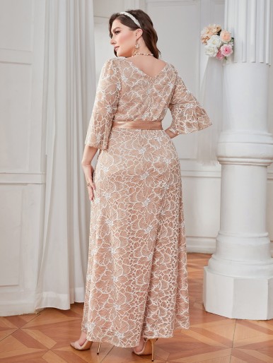 Plus Trumpet Sleeve Belted Lace Bridesmaid Dress