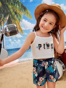 Toddler Girls 1pc Letter Graphic Cami Top & 1pc Tropical Print Belted Shorts