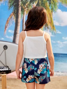 Toddler Girls 1pc Letter Graphic Cami Top & 1pc Tropical Print Belted Shorts