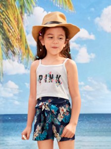 Toddler Girls 1pc Letter Graphic Cami Top & 1pc Tropical Print Belted Shorts