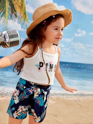 Toddler Girls 1pc Letter Graphic Cami Top & 1pc Tropical Print Belted Shorts