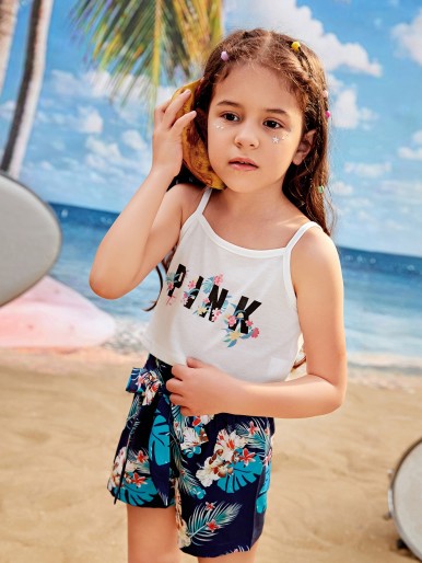 Toddler Girls 1pc Letter Graphic Cami Top & 1pc Tropical Print Belted Shorts