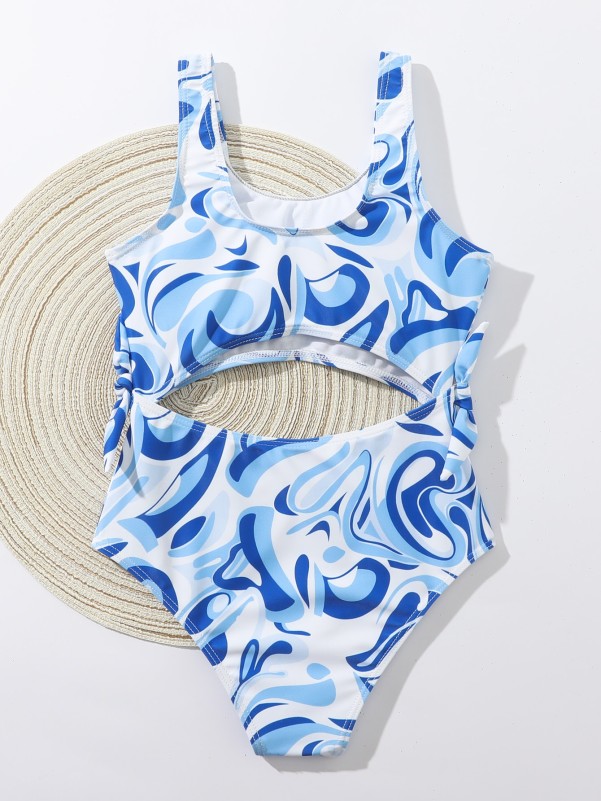 Girls Allover Print Cut Out One Piece Swimsuit