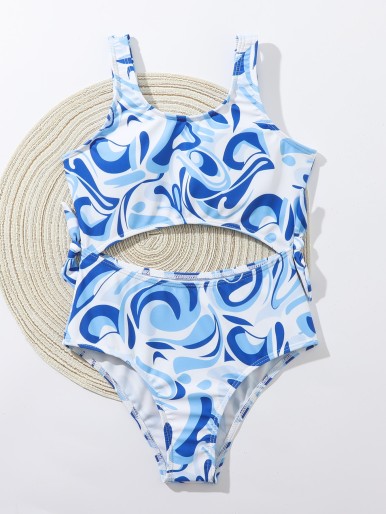 Girls Allover Print Cut Out One Piece Swimsuit