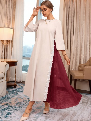 Guipure Lace Detail Colorblock Contrast Mesh Tunic Dress