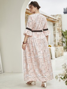 Plus Abstract Figure Graphic Flounce Sleeve Maxi Dress