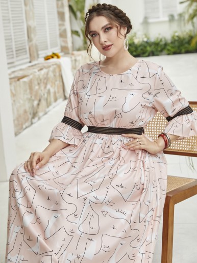 Plus Abstract Figure Graphic Flounce Sleeve Maxi Dress