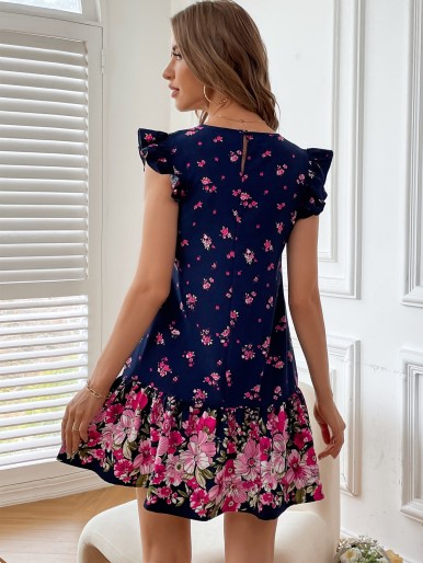 Floral Print Ruffle Sleeve Smock Dress
