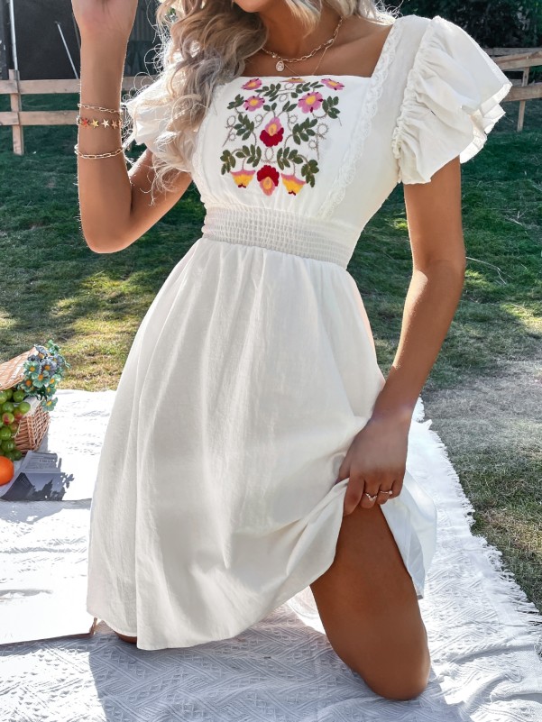 Square Neck Butterfly Sleeve Floral Dress