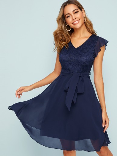 SHEIN Lace Bodice Fit and Flare Self Belted Dress