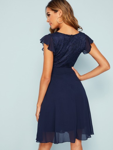SHEIN Lace Bodice Fit and Flare Self Belted Dress