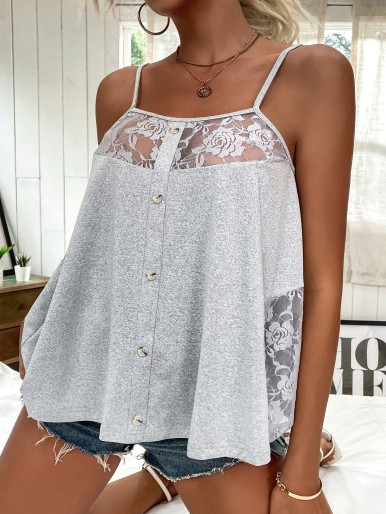 Contrast Lace Button Front Cami Top