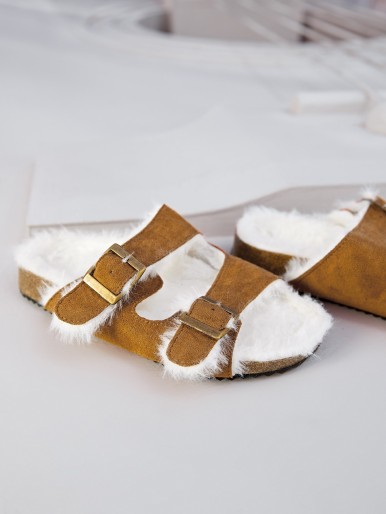 Girls Buckle Detail Fuzzy Slippers