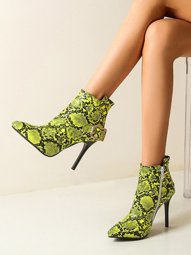 Snakeskin Print Buckle Decor Side Zipper Stiletto Boots