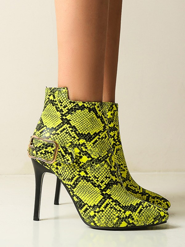 Snakeskin Print Buckle Decor Side Zipper Stiletto Boots