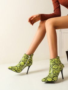 Snakeskin Print Buckle Decor Side Zipper Stiletto Boots